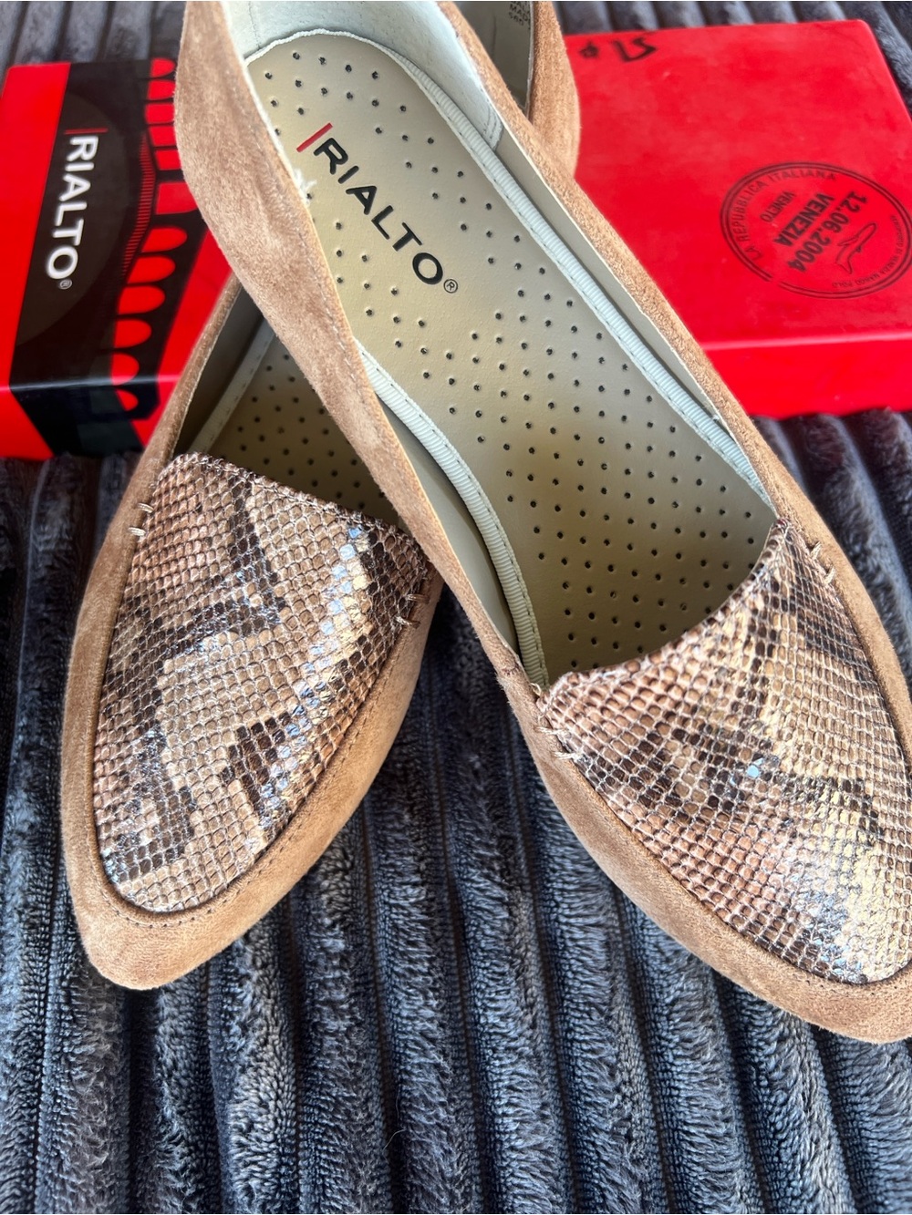 Rialto Taupe Suede Loafers with Snake-Print Toe